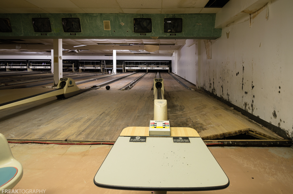 water damage and black mold abandoned bowling alley
